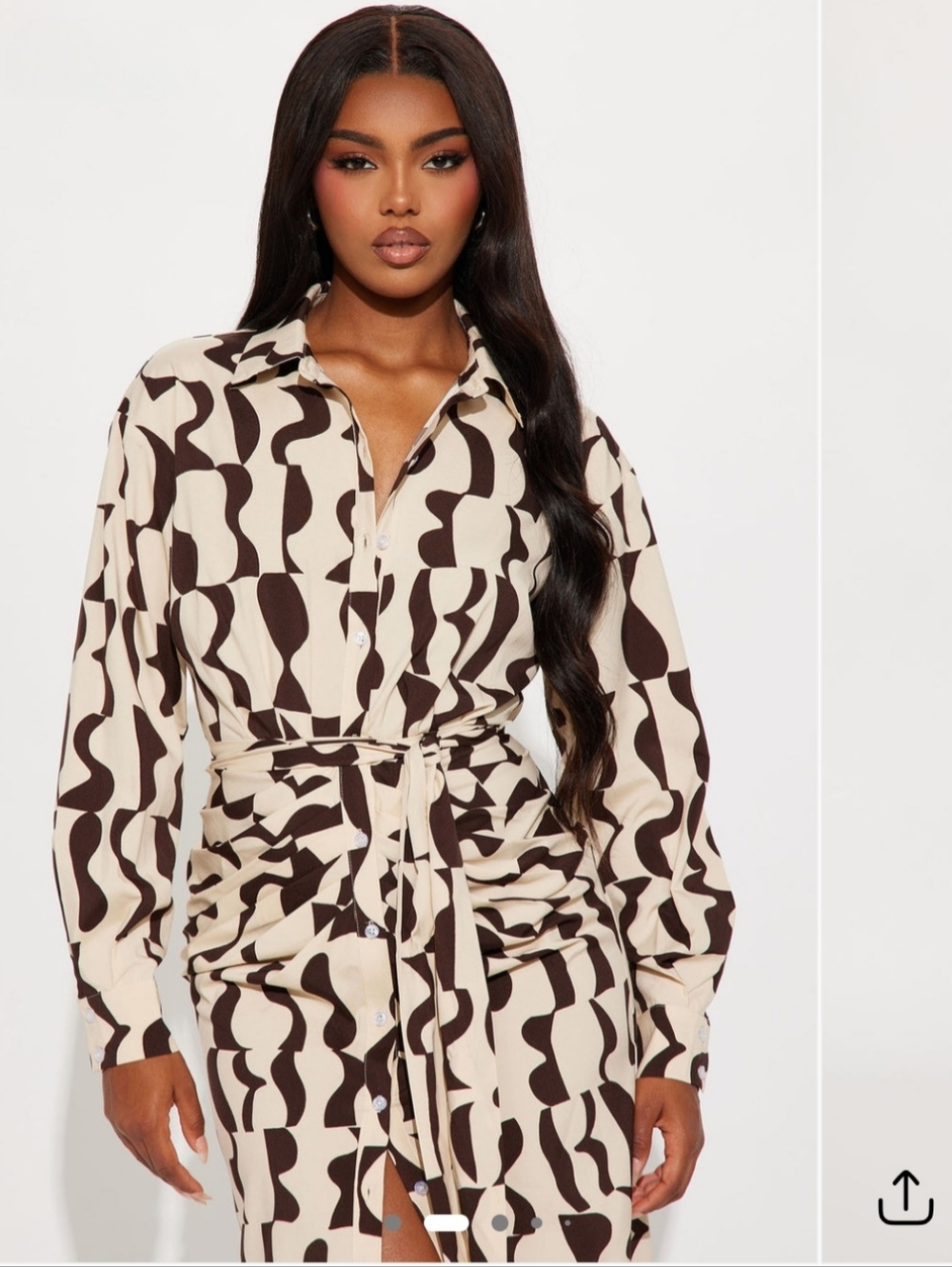 Brown & Beige Patterned Tie-Waist Shirt Dress